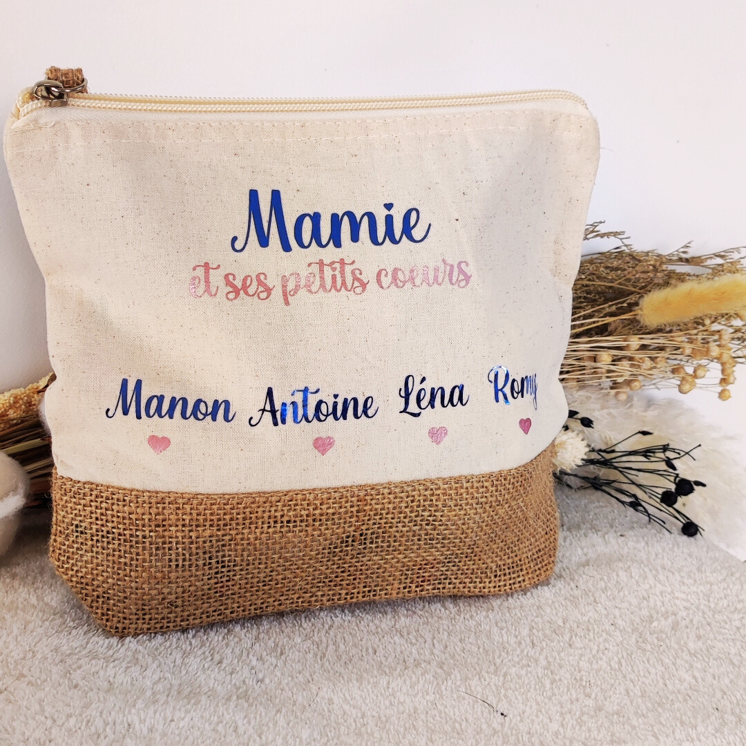 trousse personnalisée coton et jute mamie et ses petits coeurs LOZCREA